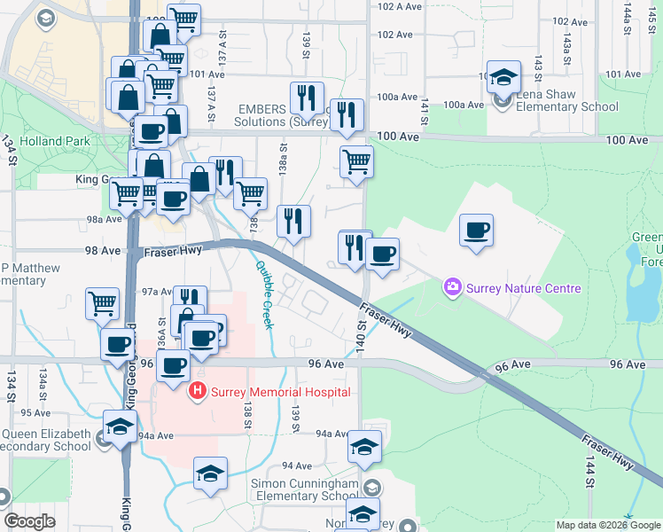 map of restaurants, bars, coffee shops, grocery stores, and more near 9763 140 Street in Surrey