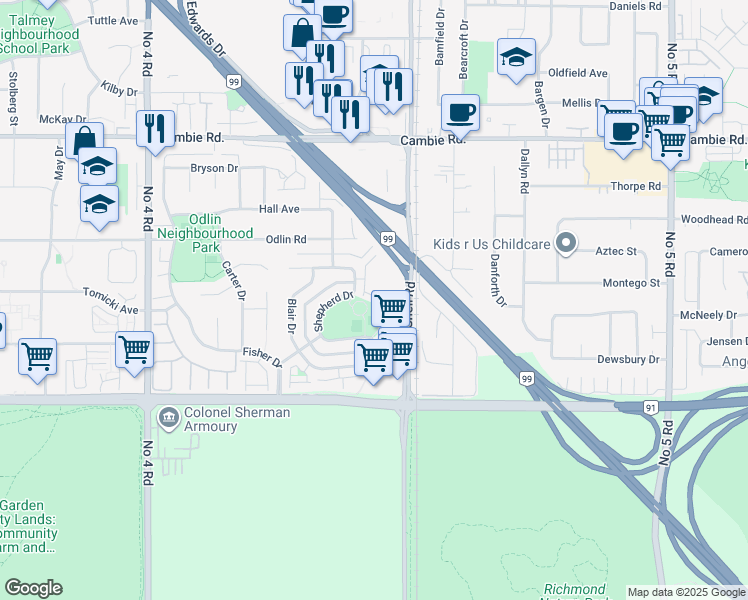 map of restaurants, bars, coffee shops, grocery stores, and more near 10711 Shepherd Drive in Richmond