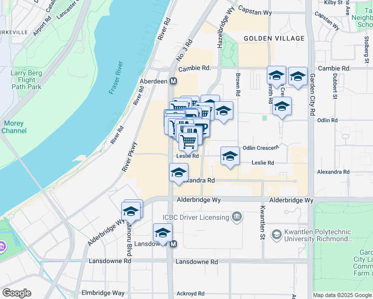 map of restaurants, bars, coffee shops, grocery stores, and more near 8031 Leslie Road in Richmond
