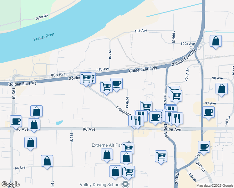 map of restaurants, bars, coffee shops, grocery stores, and more near 19736 98 Avenue in Langley Township