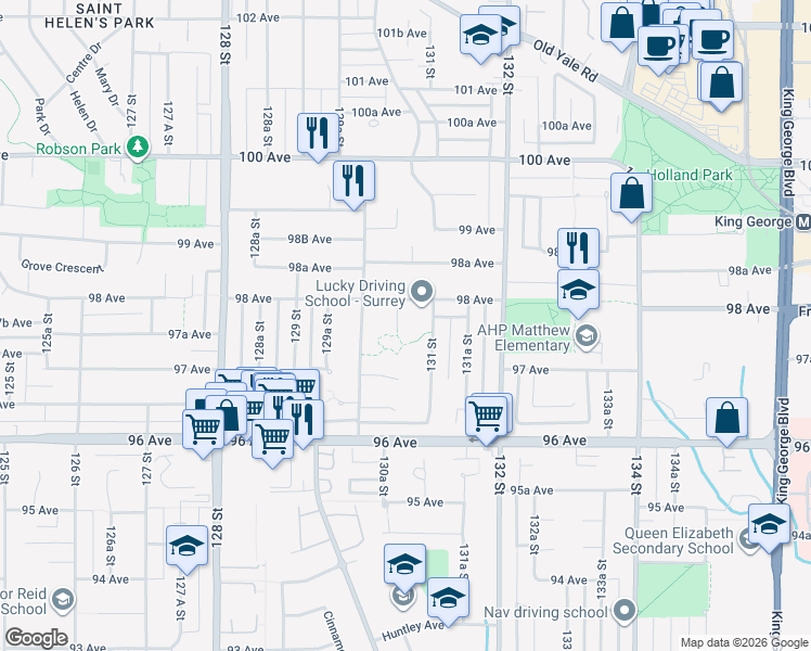 map of restaurants, bars, coffee shops, grocery stores, and more near 9766 130A Street in Surrey