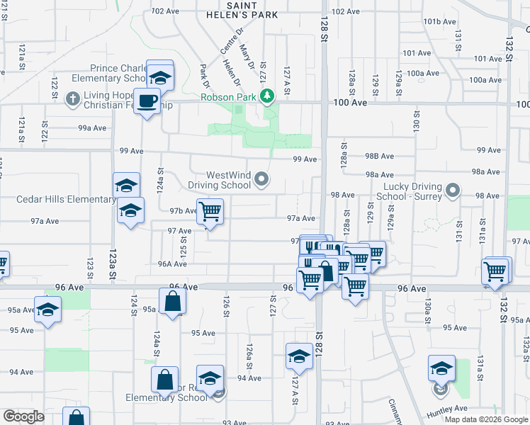 map of restaurants, bars, coffee shops, grocery stores, and more near 12679 97A Avenue in Surrey