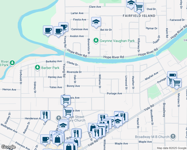 map of restaurants, bars, coffee shops, grocery stores, and more near 46150 Riverside Drive in Chilliwack