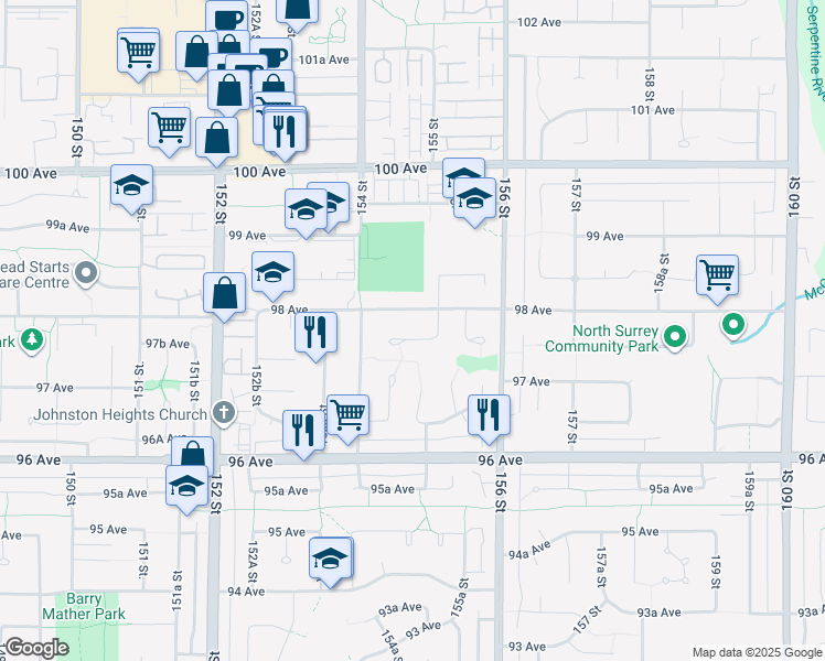 map of restaurants, bars, coffee shops, grocery stores, and more near 9759 155 Street in Surrey