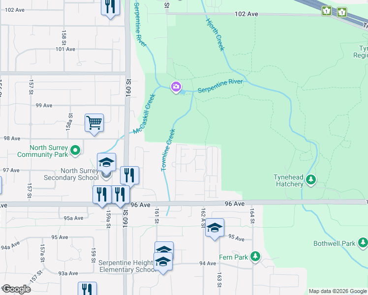 map of restaurants, bars, coffee shops, grocery stores, and more near 9718 161A Street in Surrey