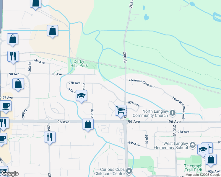 map of restaurants, bars, coffee shops, grocery stores, and more near 20675 97B Avenue in Langley Township