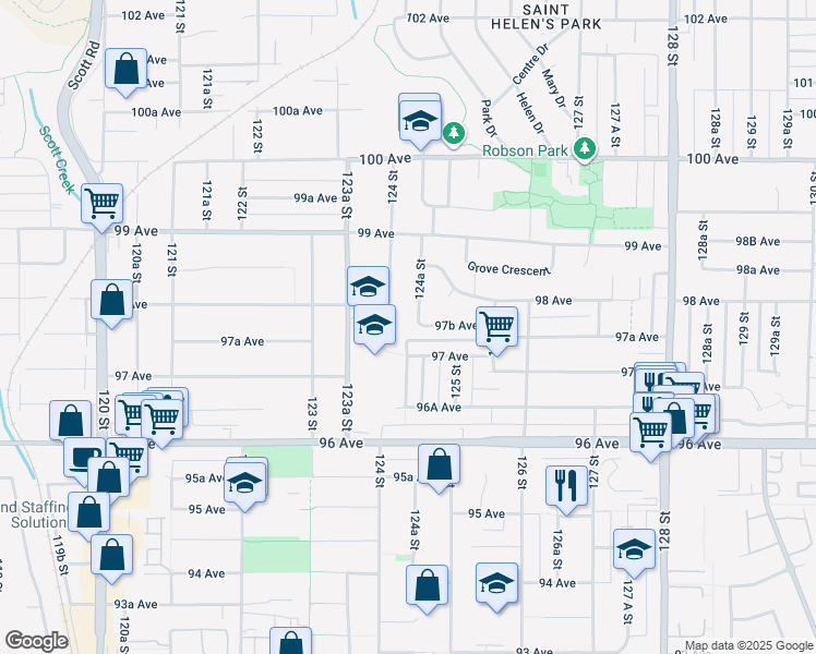 map of restaurants, bars, coffee shops, grocery stores, and more near 9761 124A Street in Surrey