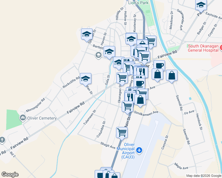 map of restaurants, bars, coffee shops, grocery stores, and more near 5983 Nicola Street in Oliver