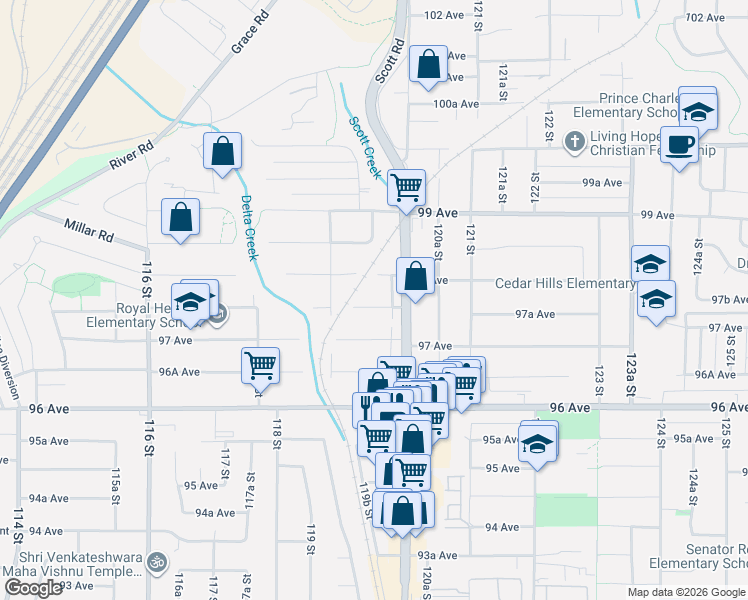 map of restaurants, bars, coffee shops, grocery stores, and more near 11961 97A Avenue in Surrey