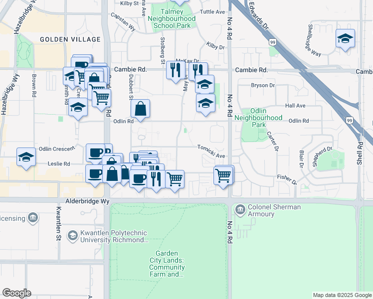 map of restaurants, bars, coffee shops, grocery stores, and more near 9500 Tomicki Avenue in Richmond