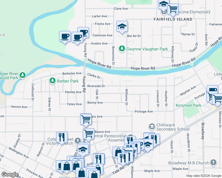 map of restaurants, bars, coffee shops, grocery stores, and more near 46118 Riverside Drive in Chilliwack