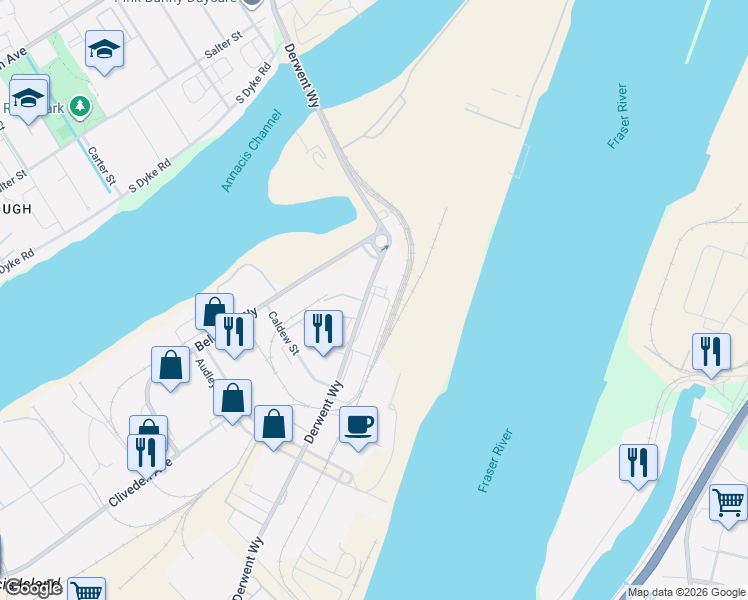 map of restaurants, bars, coffee shops, grocery stores, and more near 638 Derwent Way in Delta