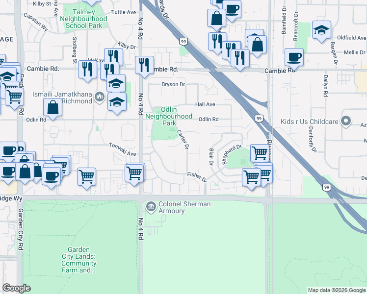 map of restaurants, bars, coffee shops, grocery stores, and more near 4491 Carter Drive in Richmond