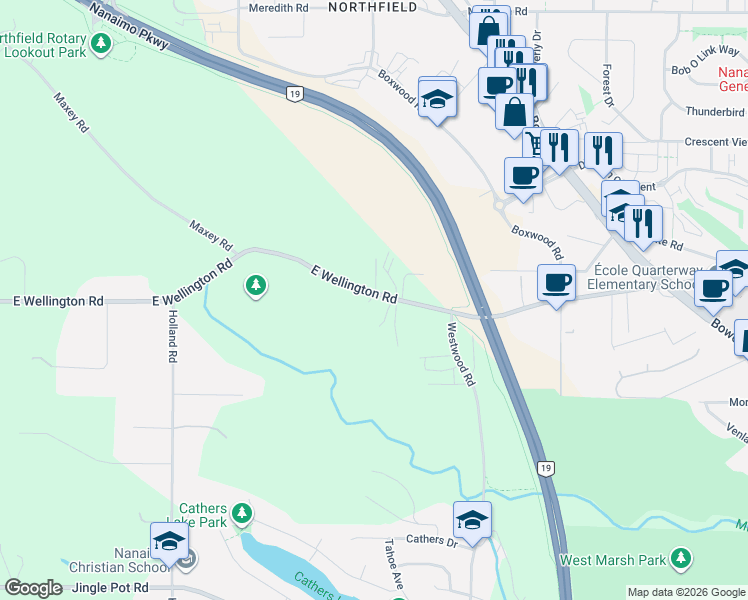 map of restaurants, bars, coffee shops, grocery stores, and more near 2091 East Wellington Road in Nanaimo