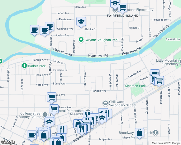 map of restaurants, bars, coffee shops, grocery stores, and more near 46226 Riverside Drive in Chilliwack