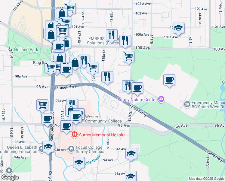 map of restaurants, bars, coffee shops, grocery stores, and more near in Surrey