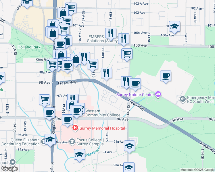 map of restaurants, bars, coffee shops, grocery stores, and more near in Surrey