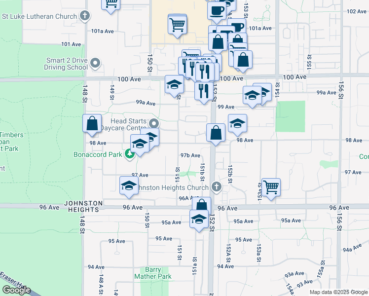 map of restaurants, bars, coffee shops, grocery stores, and more near 15130 98 Avenue in Surrey