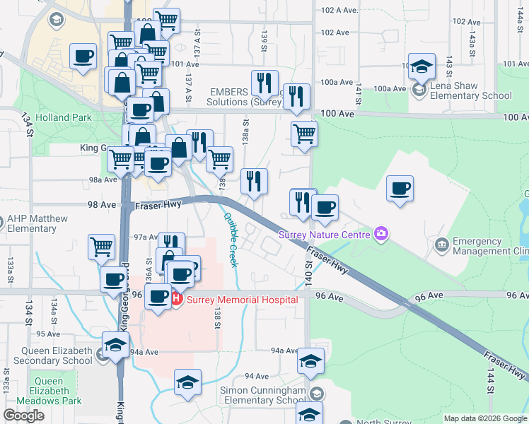 map of restaurants, bars, coffee shops, grocery stores, and more near 13931 Fraser Highway in Surrey