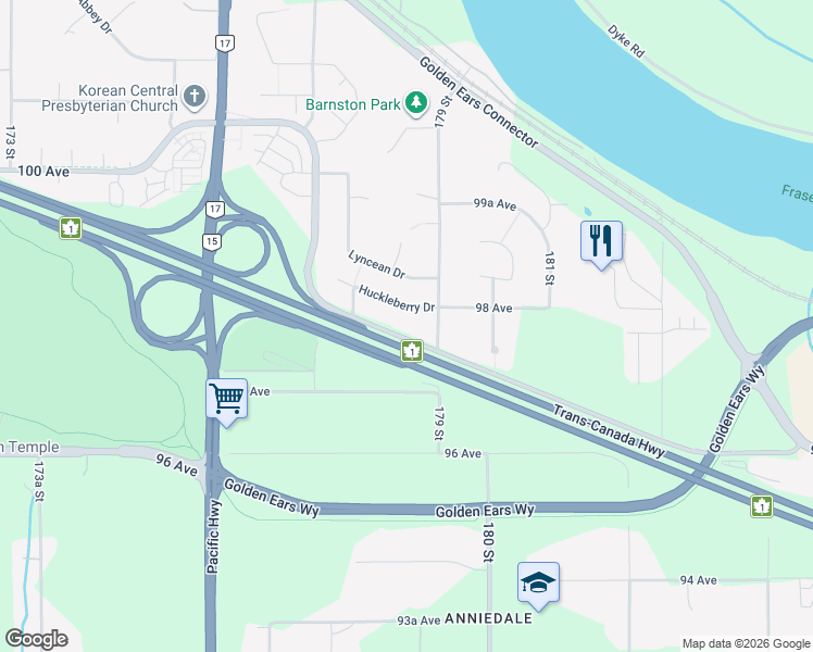 map of restaurants, bars, coffee shops, grocery stores, and more near 17857 Barnston Drive East in Surrey