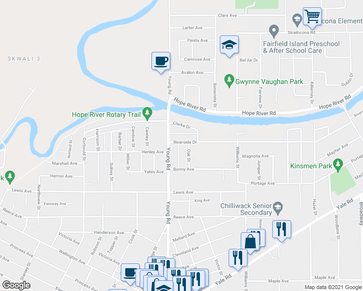 map of restaurants, bars, coffee shops, grocery stores, and more near 46018 Riverside Drive in Chilliwack