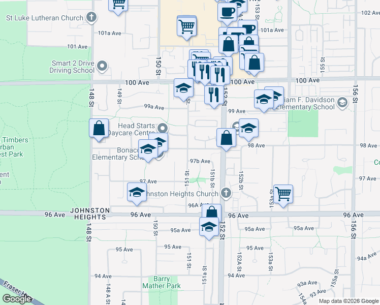 map of restaurants, bars, coffee shops, grocery stores, and more near 15114 98 Avenue in Surrey