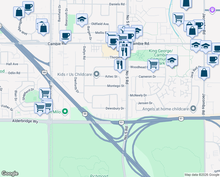 map of restaurants, bars, coffee shops, grocery stores, and more near 11780 Montego Street in Richmond