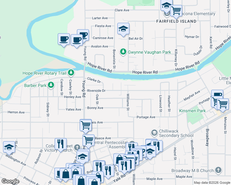 map of restaurants, bars, coffee shops, grocery stores, and more near 46128 Riverside Drive in Chilliwack