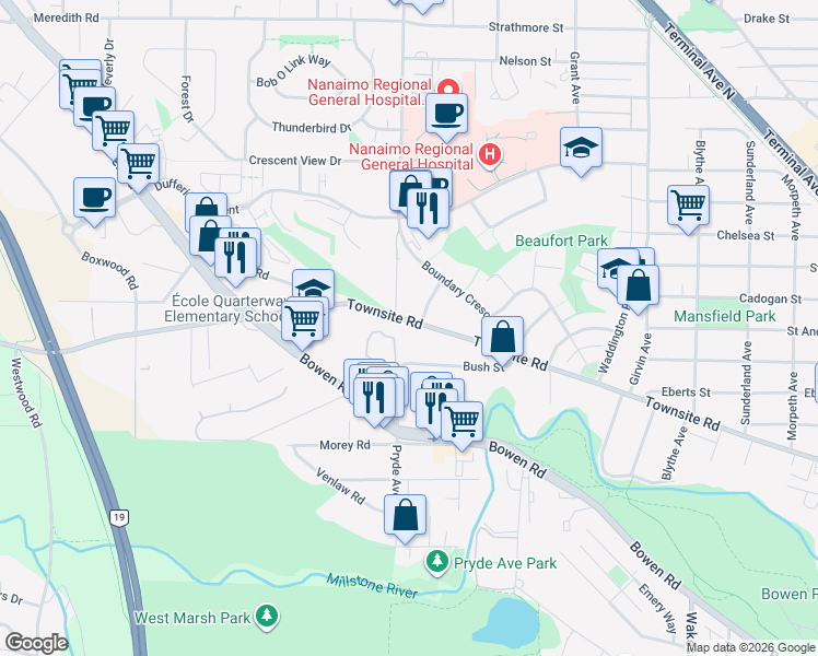 map of restaurants, bars, coffee shops, grocery stores, and more near 1575 Townsite Road in Nanaimo