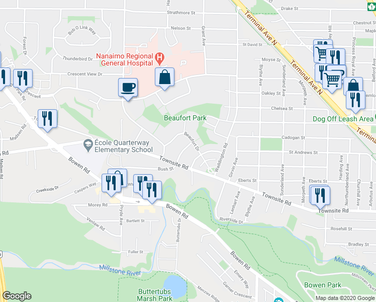 map of restaurants, bars, coffee shops, grocery stores, and more near 1115 Saint Patrick Crescent in Nanaimo