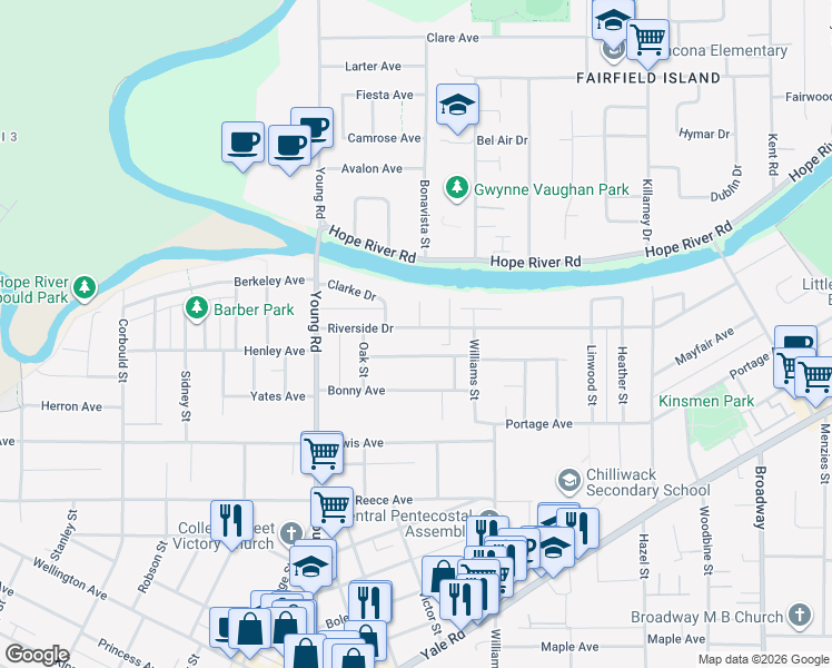 map of restaurants, bars, coffee shops, grocery stores, and more near 46118 Riverside Drive in Chilliwack