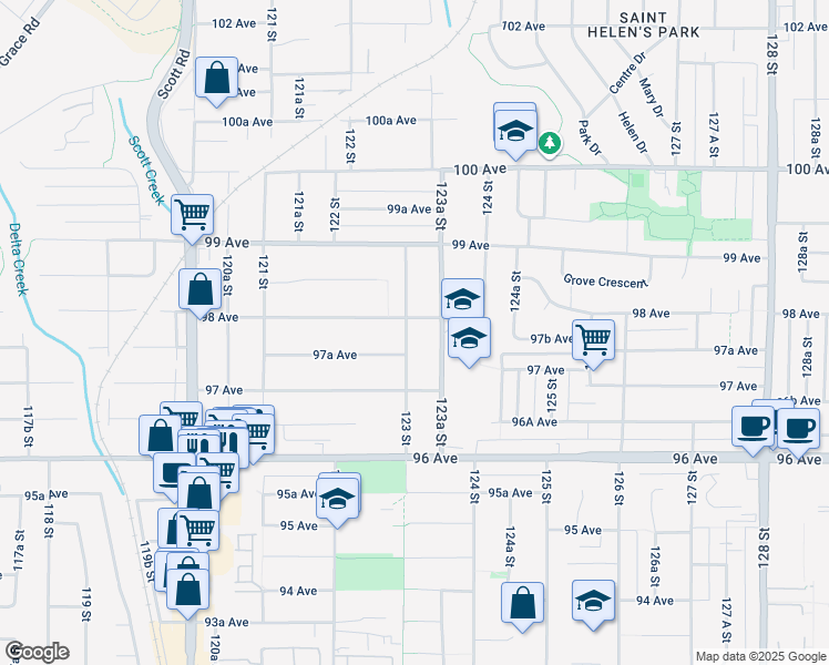 map of restaurants, bars, coffee shops, grocery stores, and more near 9782 123 Street in Surrey