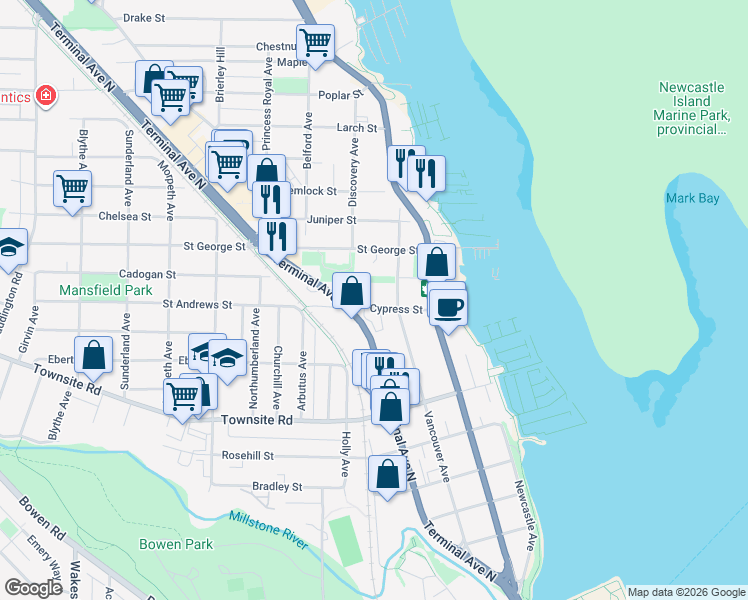 map of restaurants, bars, coffee shops, grocery stores, and more near 280 Cypress Street in Nanaimo