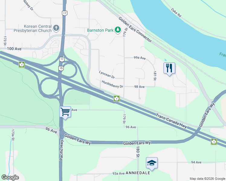 map of restaurants, bars, coffee shops, grocery stores, and more near 17843 Barnston Drive East in Surrey