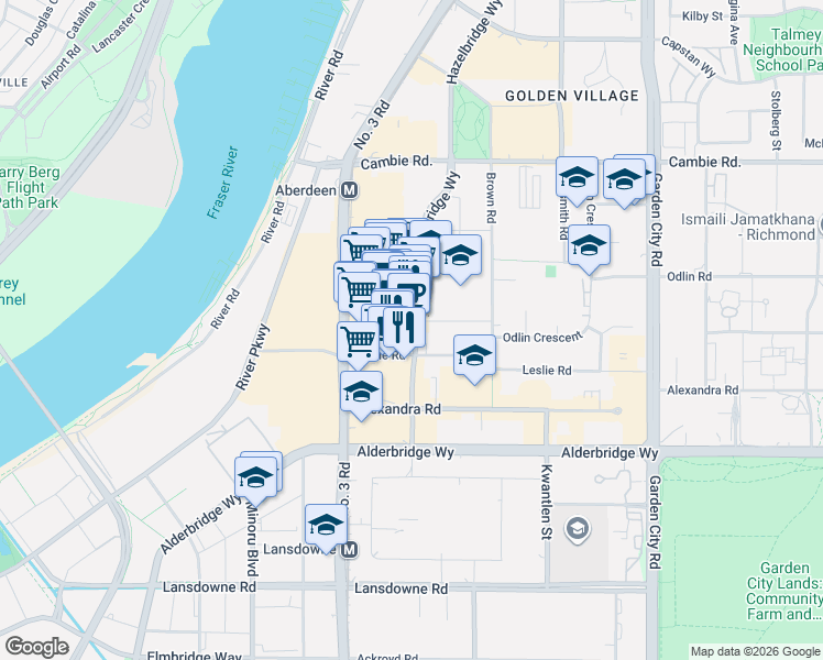 map of restaurants, bars, coffee shops, grocery stores, and more near 4580 Number 3 Road in Richmond