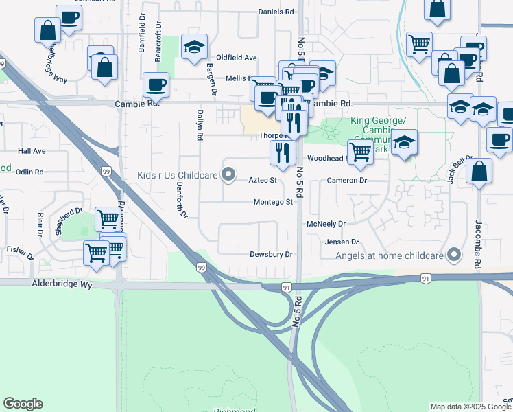 map of restaurants, bars, coffee shops, grocery stores, and more near 11760 Montego Street in Richmond