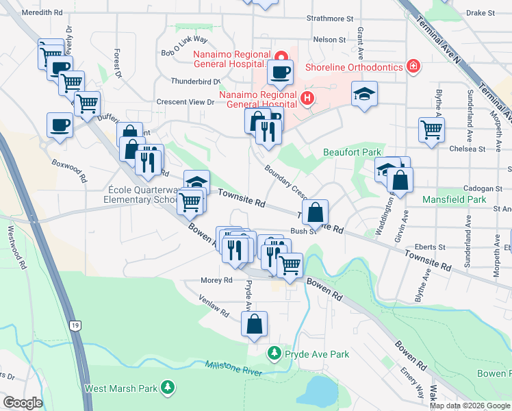 map of restaurants, bars, coffee shops, grocery stores, and more near 1575 Townsite Road in Nanaimo