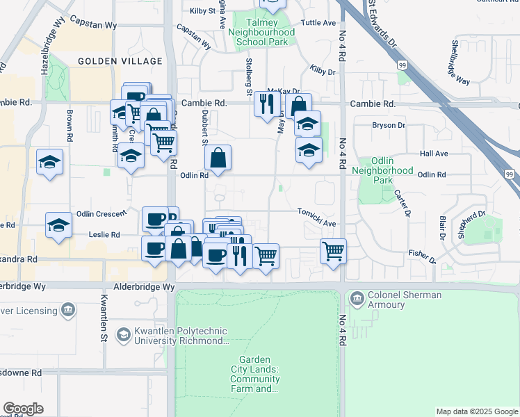 map of restaurants, bars, coffee shops, grocery stores, and more near 313-9399 Tomicki Avenue in Richmond