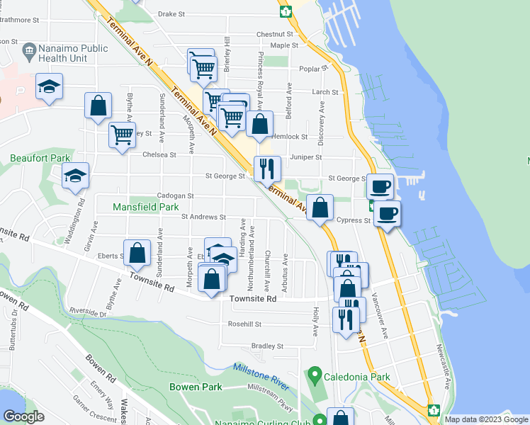 map of restaurants, bars, coffee shops, grocery stores, and more near 482 Saint Andrews Street in Nanaimo