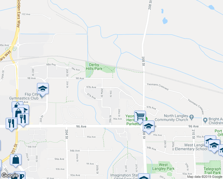 map of restaurants, bars, coffee shops, grocery stores, and more near 20621 97B Avenue in Langley