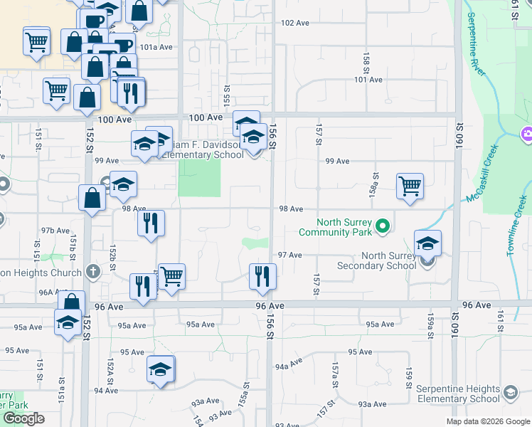 map of restaurants, bars, coffee shops, grocery stores, and more near 15584 98 Avenue in Surrey