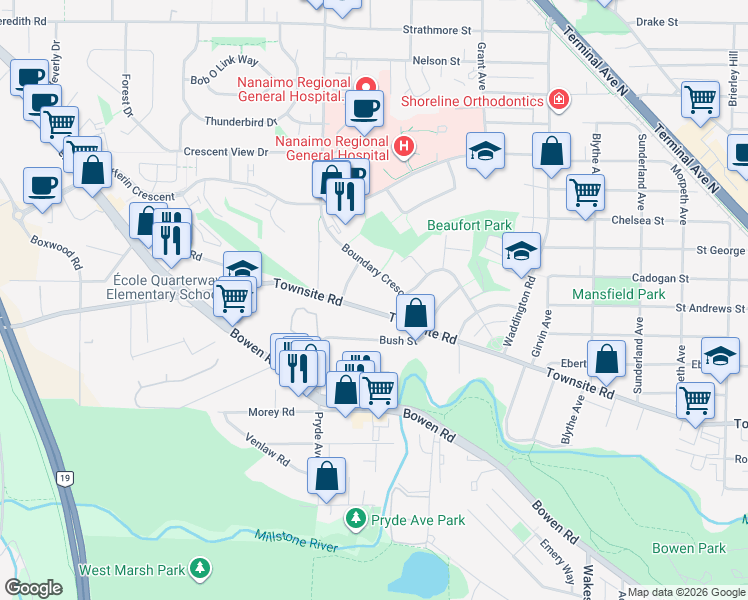 map of restaurants, bars, coffee shops, grocery stores, and more near in Nanaimo
