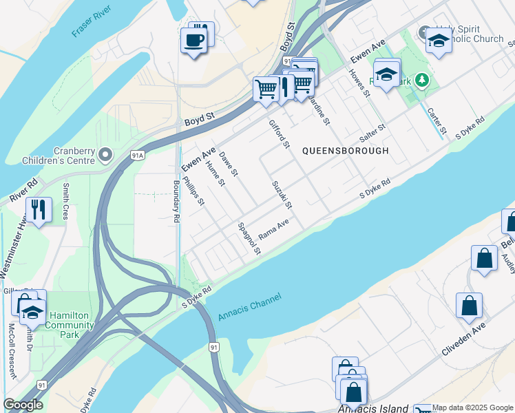 map of restaurants, bars, coffee shops, grocery stores, and more near 1302 Salter Street in New Westminster