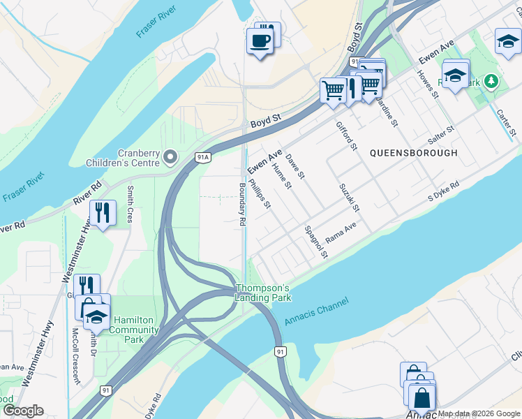 map of restaurants, bars, coffee shops, grocery stores, and more near 1403 Canil Avenue in New Westminster