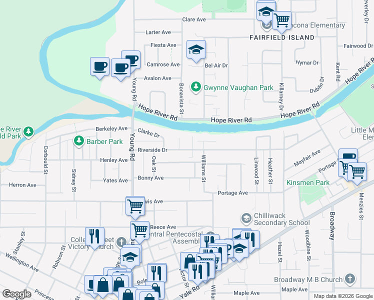 map of restaurants, bars, coffee shops, grocery stores, and more near 46118 Riverside Drive in Chilliwack