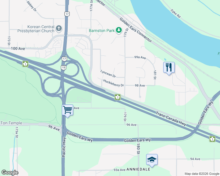 map of restaurants, bars, coffee shops, grocery stores, and more near 17825 Barnston Drive East in Surrey