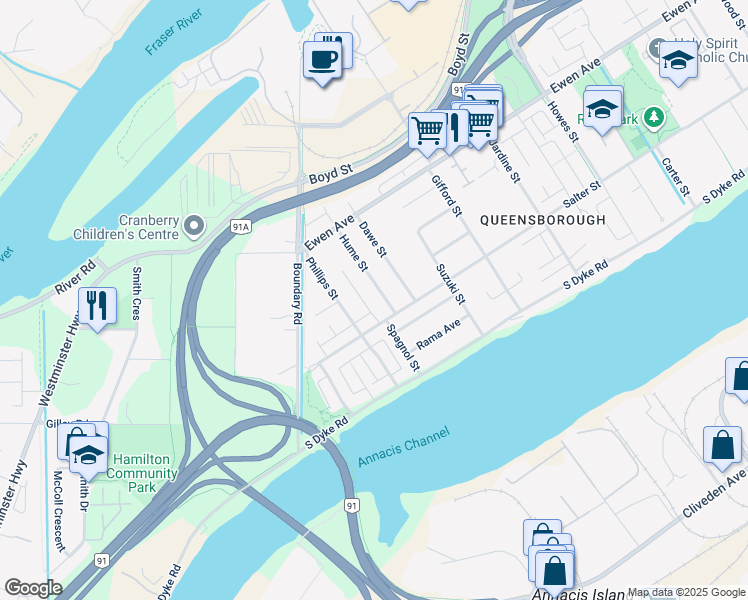 map of restaurants, bars, coffee shops, grocery stores, and more near 216 Hume Street in New Westminster