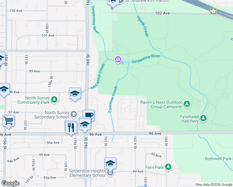 map of restaurants, bars, coffee shops, grocery stores, and more near 9817 161A Street in Surrey