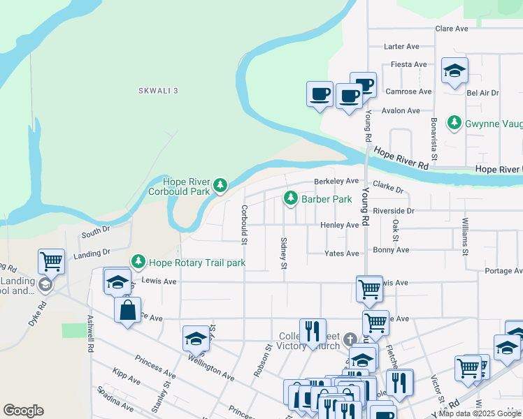 map of restaurants, bars, coffee shops, grocery stores, and more near 9825 Harrison Street in Chilliwack