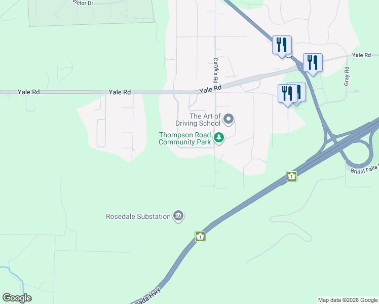 map of restaurants, bars, coffee shops, grocery stores, and more near 9921 Parkwood Drive in Fraser Valley